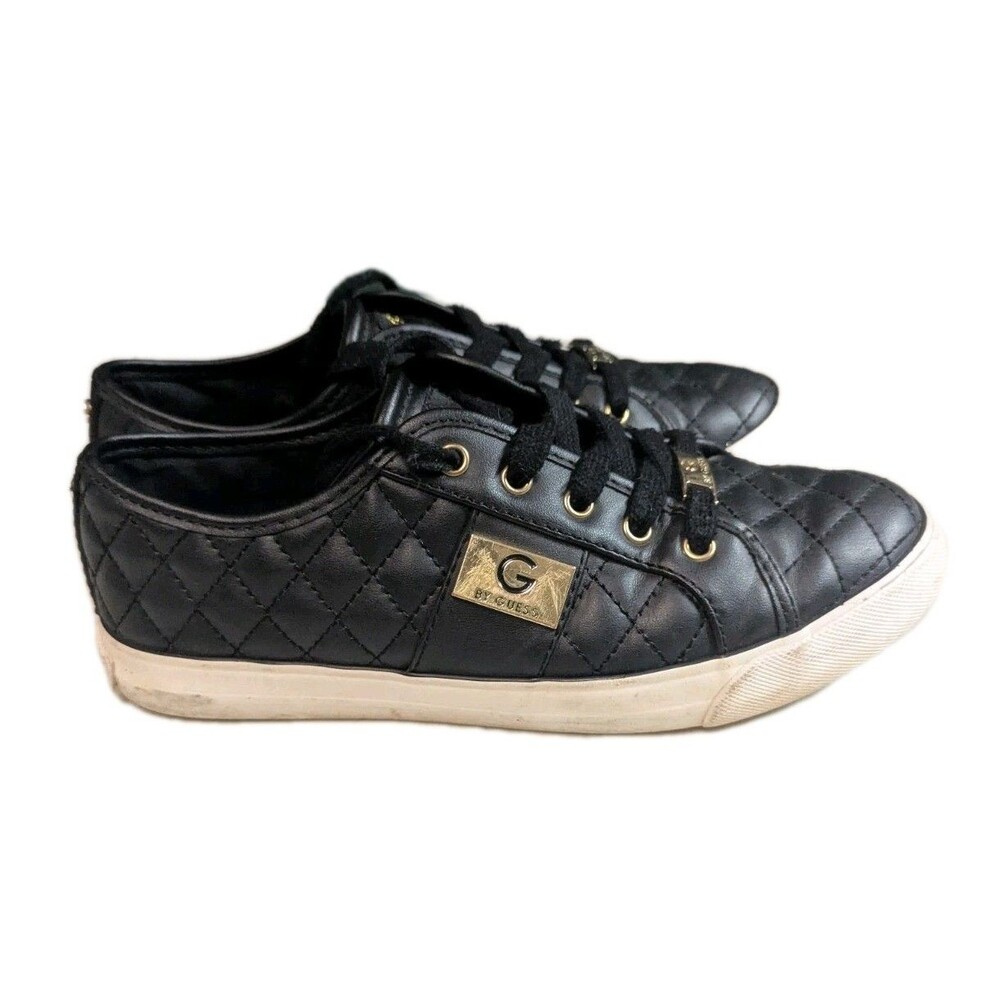 G by GUESS Backer Black Quilted Sneakers Gold Hardware Faux Leather Low Top 7M - Picture 4 of 13